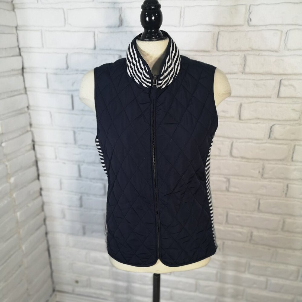 Talbots Petites Ladies Size Medium Full Zip Navy w/ White Stripes Vest